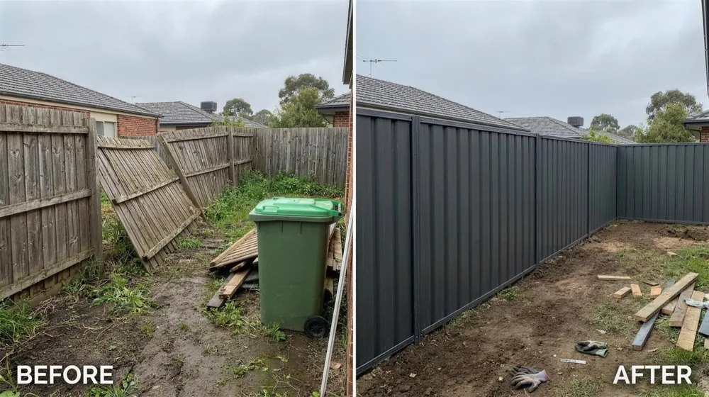 Collapsed timber paling fence replaced with a new Colorbond boundary fence &mdash; before and after