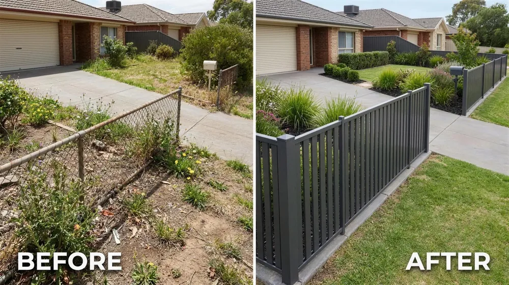 Old chain-link front fence replaced with a dark grey aluminium slat front fence &mdash; before and after