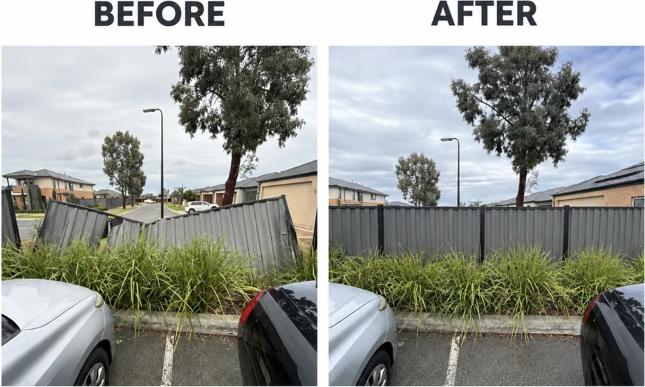 Storm-damaged Colorbond fence rebuilt straight on new concrete-set posts &mdash; before and after