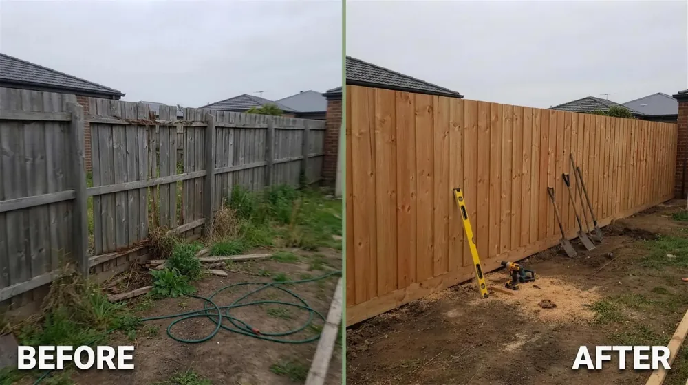 Weathered timber paling fence replaced with new treated pine palings &mdash; before and after
